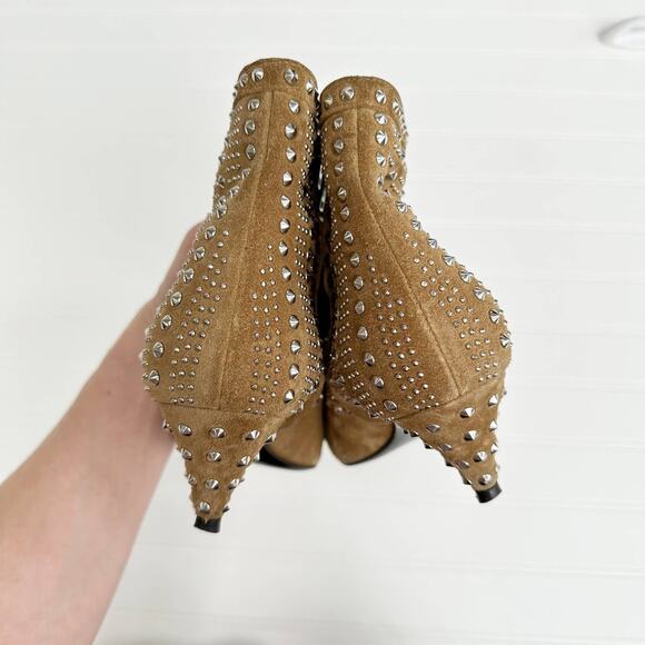 Saint Laurent Cat Ankle Bootie 50 Tan Suede Studded Heels Western Kitten - Picture 6 of 14